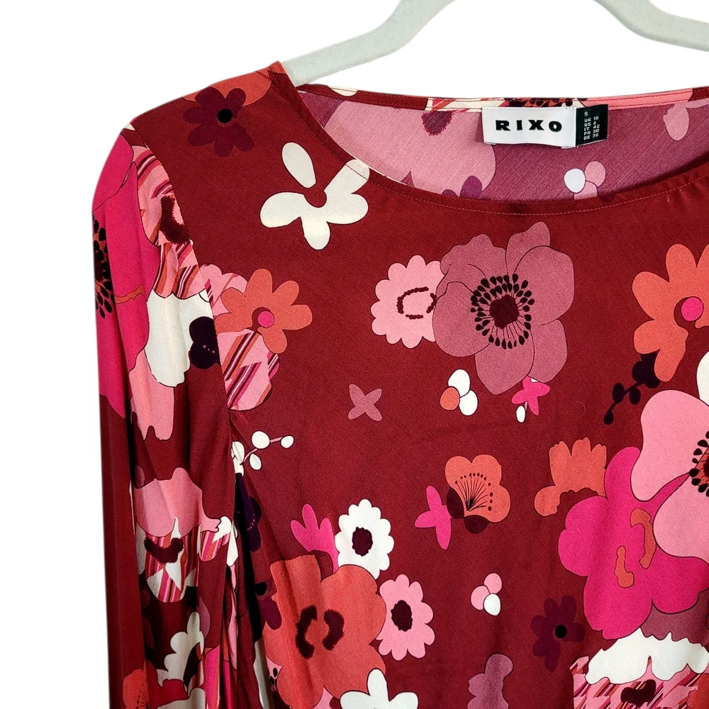 RIXO Ridley Red Pink Retro Floral Print Mini Dress Size 6 - Picture 5 of 12